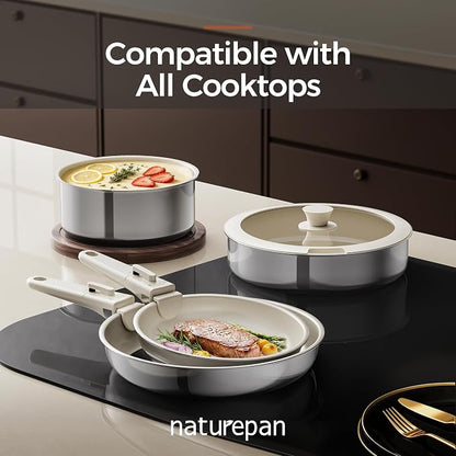 16PCS Pots and Pans Set Non Stick, Diamond-Titanium Ceramic Cookware Set & 3 Layer Stainless Steel with Detachable Handle, Induction Cookware, Non Toxic Oven/Dishwasher Safe, White