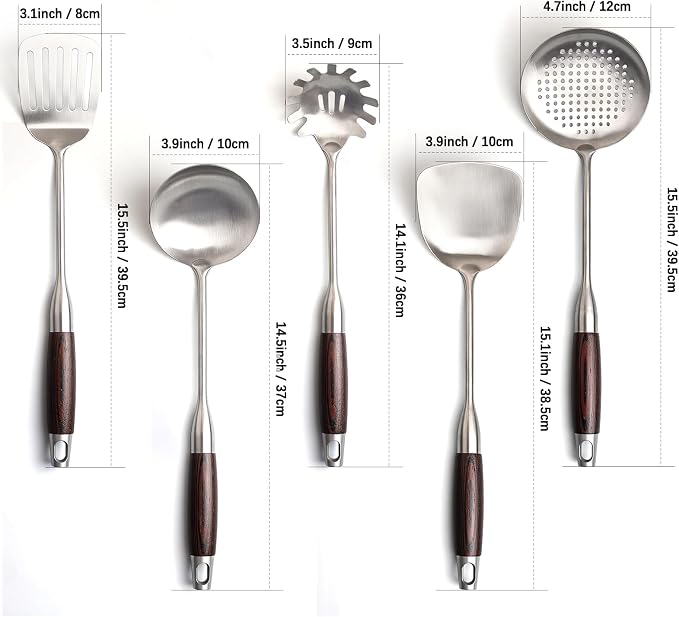 IQCWOOD Stainless Steel Cooking Utensils Set with Wooden Handle, 5-Piece Heat Resistant Kitchen Utensil Tool for Cookware Set -Spatula, Turner, Spaghetti Server, Skimmer Spoon, Soup Ladle