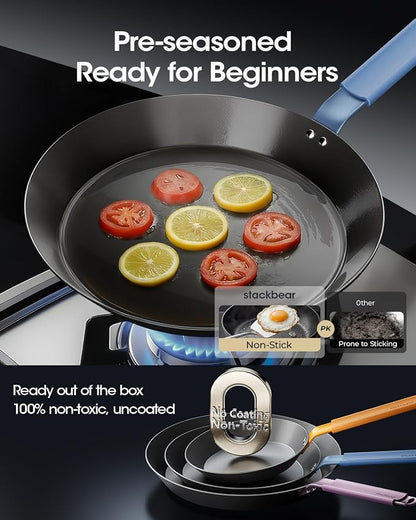 Carbon Steel Frying Pan Set 8"/10"/12", Preseasoned Skillet Trio, Nitrided Rust Resistant Kitchen Cooking Set, Induction & Oven Safe