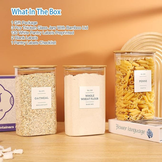 3 Pack Square Glass Pantry Storage Containers with 132 Kitchen Food Pantry Labels - 51 floz Clear Glass Pantry Jars with Airtight Wood Bamboo Lids - Glass Canisters for Candy, Cereal, Coffee, Spice
