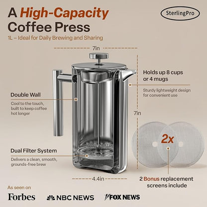 SterlingPro Small Insulated Stainless Steel French Press Coffee Maker 34oz – Insulated Metal Double Wall Coffee Maker | Plastic Free | Cool-Touch | Mirror Finish | Makes up to 8 cups / 4 mugs