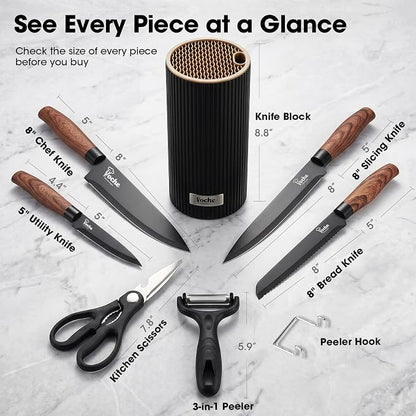 Knife Set, Kitchen Knife Set with Block, 7 Pcs Kitchen Knife Set with 3-in-1 Peeler, Knife Block Set Compact Stainless Steel Knives with Wood Grain Finish Handles, Space Saving Kitchen Essentials