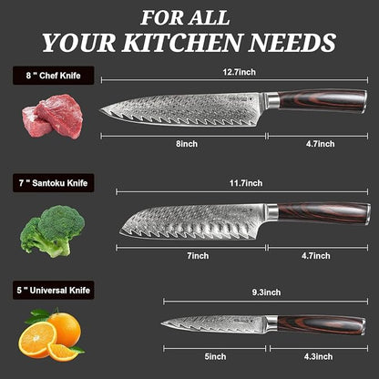 VG10 Damascus Kitchen Knife Set 3PCS, Japanese Chef Knife Set, 67-Layer Forged High Carbon Steel Cooking Knives with Pakkawood Handle Gift Box