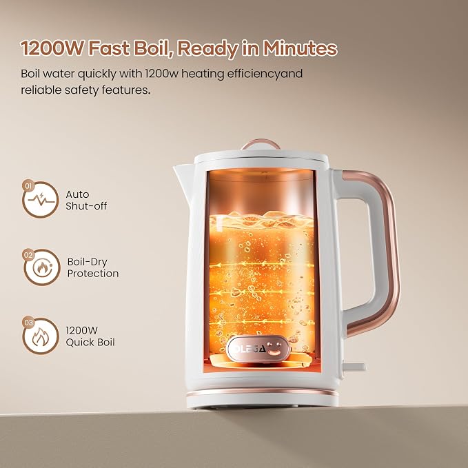 OLEGA Electric Kettle: 1200W Fast Boil Electric Water Kettles, 1.5L Double Wall Stainless Steel Tea Kettle, Auto Shut-Off, BPA-Free Hot Water Boiler Teapot for Coffee & Tea (White)