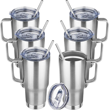 20 oz Tumbler with Handle Stainless Steel Insulated Coffee Tumbler with Lid and Straw Double Wall Vacuum Insulated Coffee Mug Leak Proof Travel Mug Tumbler for Hot and Cold Drink (Silver,6pack)
