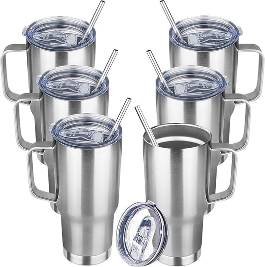 20 oz Tumbler with Handle Stainless Steel Insulated Coffee Tumbler with Lid and Straw Double Wall Vacuum Insulated Coffee Mug Leak Proof Travel Mug Tumbler for Hot and Cold Drink (Silver,6pack)