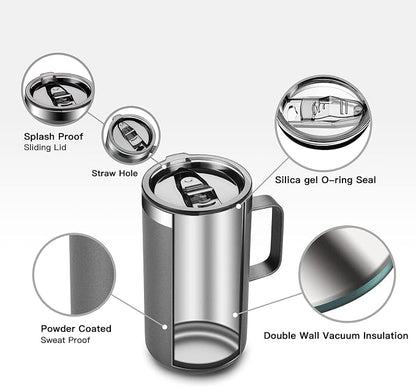 KXIAOCHEN 20oz Insulated Coffee Mug with Lid, Stainless Steel Coffee Cup, Double Wall Vacuum Coffee Tumbler with Handle, Premium Thermal Travel Coffee Mug (Silver grey)