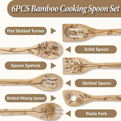 6Pcs 6 Styles Bamboo Cooking Utensils Floral Wooden Spoons 2.4 x 11.8 Inch Durable Kitchen Wood Spoons Set for Men Women Friends Housewarming Birthday Gift Wedding Apartment Essentials