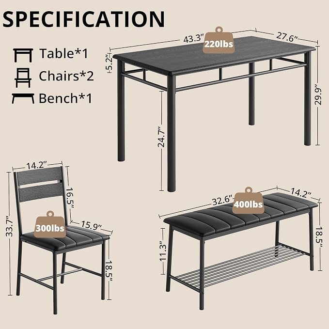 IRONCK Dining Table Set for 4, Kitchen Table with Upholstered Bench and 2 Chairs, Kitchen Table and Chairs Set for Small Space, Apartment, Black