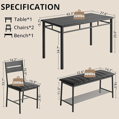 IRONCK Dining Table Set for 4, Kitchen Table with Upholstered Bench and 2 Chairs, Kitchen Table and Chairs Set for Small Space, Apartment, Black