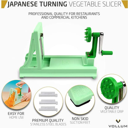 Vollum Japanese Turning Vegetable Spiralizer, Veggie Spiralizer For Fresh Zucchini, Squash, Butternut Squash with 1 Straight-Edged Blade and 3 Serrated Blades Multiple