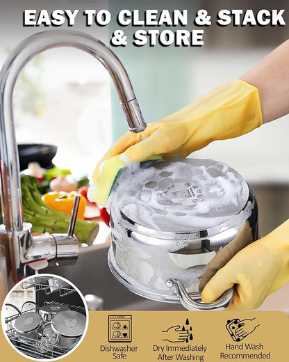 Cook N Home Basics Stainless Steel Pots Set, 1.5 & 3 Qt Sauce Pots with Lid, 5.5 Qt Dutch Oven Stockpot, Induction Compatible, Dishwasher & Oven Safe, Riveted Handles, 6-Piece