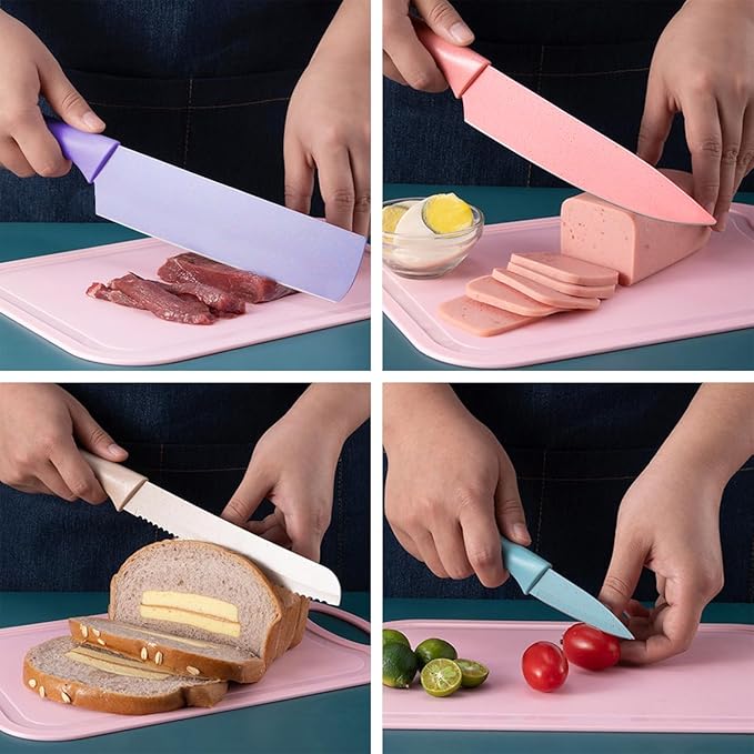 TJ POP Colorful Kitchen Knife Set 6 PCS, Colored Knives Set with Non-Stick Coating, Chef Boxed Knives Set for Cooking, Camping, Travel, Picnic, BBQ and RV