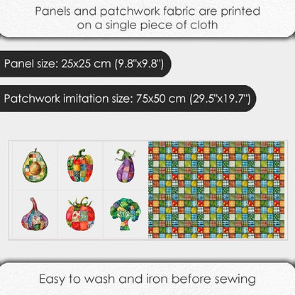 Vegetable Patchwork Cotton Fabric Panel – 6 Designs (10×10 inch Each) + Bonus Patchwork Sheet 29.5×19.6 inch, 100% Cotton 140 GSM