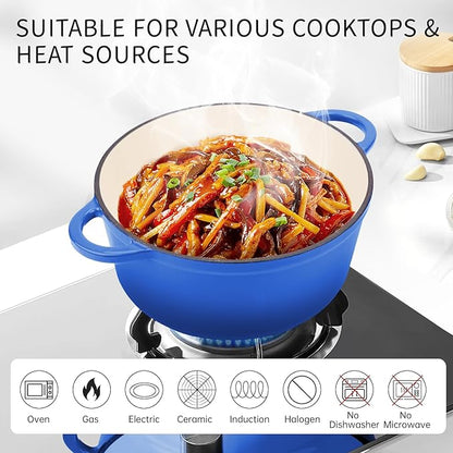 6 Quart Enameled Cast Iron Dutch Oven Pot with Lid, Oven Safe up to 500°F or on Stovetop, Non-stick Dutch Oven for Bread Baking, Cooking, Dual Handles Cookware, Cobalt Blue