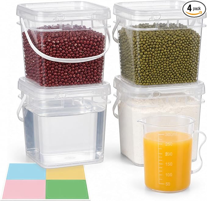 METAPACK 4 Pack 0.5 Gallon Food Grade Square Bucket with Easy-Open Lids, Food Storage Container & Handle, BPA-Free Plastic Clear Pantry Storage for Cereal, Rice, Flour, Kitchen Organization