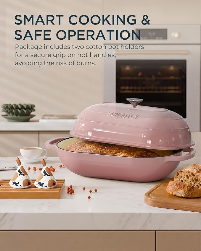 Enameled Cast Iron Bread Oven, 5QT Cast Iron Dutch Oven for Homemade Sourdough Bread Baking, Oval Bread Pot with Dome Lid & Cotton Potholders, Gentle Pink