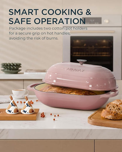 Enameled Cast Iron Bread Oven, 5QT Cast Iron Dutch Oven for Homemade Sourdough Bread Baking, Oval Bread Pot with Dome Lid & Cotton Potholders, Gentle Pink