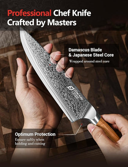 Emojoy Damascus Kitchen Knife Set, 3 PCS Japanese Chef Knife Set, 67-Layers Damascus Knife with Original Olive Wood Handle, Include Wooden Gift Box