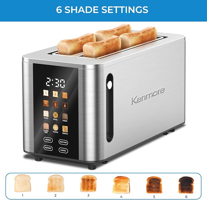 Kenmore 4-Slice Digital Touchscreen Toaster - 1400W Stainless Steel, Wide Slots 6 Shade Settings, Bread Presets, Countdown Timer, Reheat & Defrost Functions Compact Countertop Design tostadora digital
