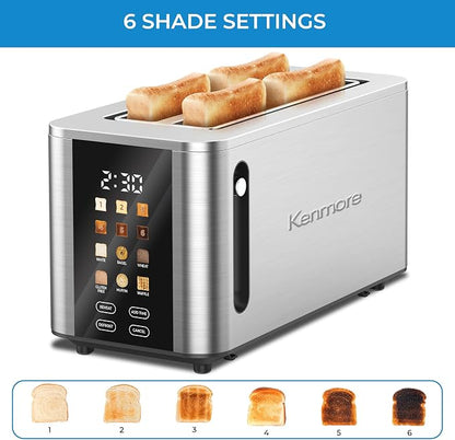 Kenmore 4-Slice Digital Touchscreen Toaster - 1400W Stainless Steel, Wide Slots 6 Shade Settings, Bread Presets, Countdown Timer, Reheat & Defrost Functions Compact Countertop Design tostadora digital