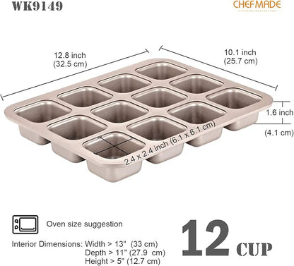 CHEFMADE Brownie Cake Pan, 12-Cavity Non-Stick Square Muffin Pan Blondie Bakeware for Oven Baking (Champagne Gold)