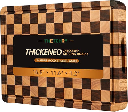THETCHRY Cutting Boards for Kitchen, Checkered Cutting Board Thickened, Walnut & Rubber Wood Chopping Board with Juice Groove & Handle, Double-sided Butcher Block with Gift Box, 16.5" x 11.6" x 1.2"