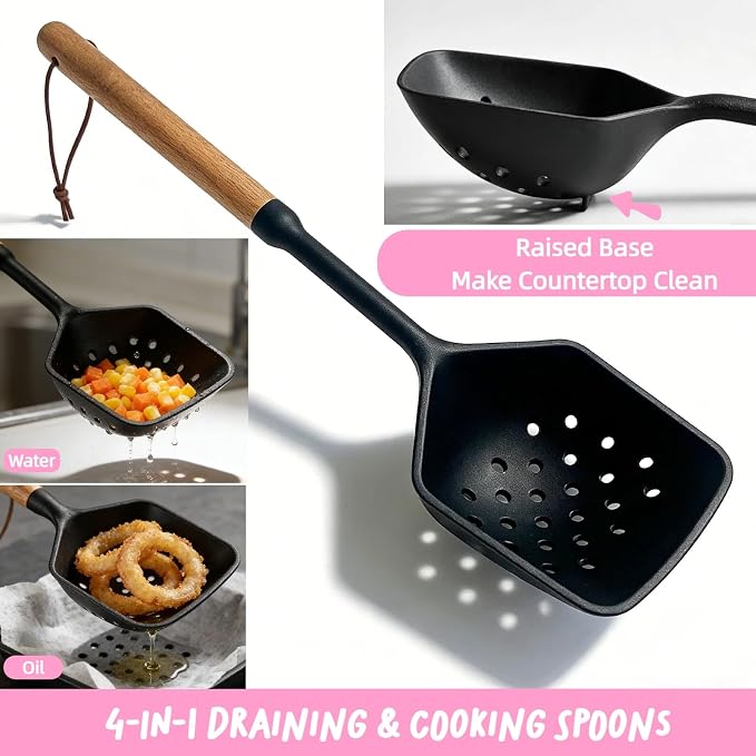 Silicone Cooking Spoons with Non Slotted Spoon, Large Serving Strainer Spoon Set, Multifunction Flat Spoon Spatula, Non-Stick Skimmer Colander Spoon for Mixing,Serving,Draining