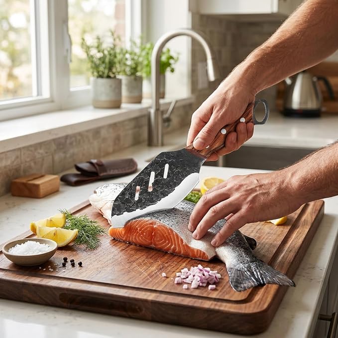 KOFERY Serbian Butcher Knife Hand Forged Viking Cleaver with Full Tang Hammered 4Cr13MoV Steel for Kitchen, Camp & BBQ | Heavy Duty Chef Knife with Pakkawood Handle, Leather Sheath & Sharpener