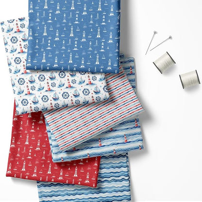 Nautical Patchwork Fabric Panel 100x155 cm – 100% Cotton Satin, 6 Coordinated Marine Prints on One Continuous Sheet for Quilting, Sewing & DIY Crafts (Maritime Style, 6pcs 50x50cm)