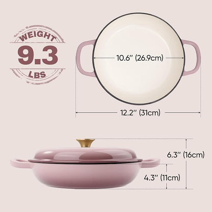 3 Quart Enameled Cast Iron Braiser, Non Stick Enameled Cast Iron Skillet with Lid, Dutch Oven Skillet with lid up to 500°F for Oven, Stove, Grill, Shallow Dutch Oven for Cook, Bake (Pink)