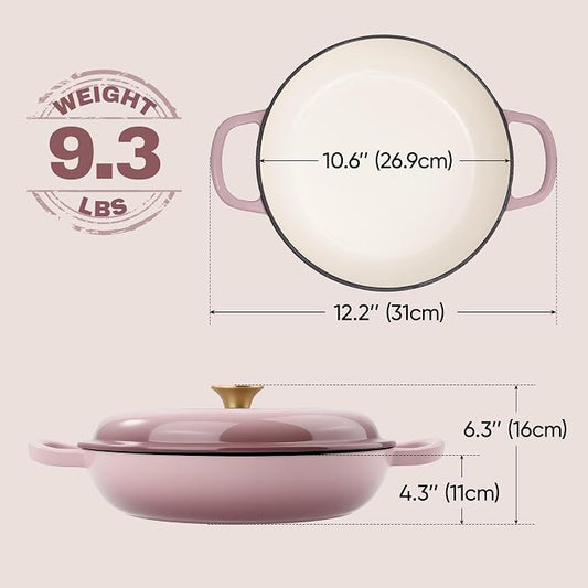 3 Quart Enameled Cast Iron Braiser, Non Stick Enameled Cast Iron Skillet with Lid, Dutch Oven Skillet with lid up to 500°F for Oven, Stove, Grill, Shallow Dutch Oven for Cook, Bake (Pink)