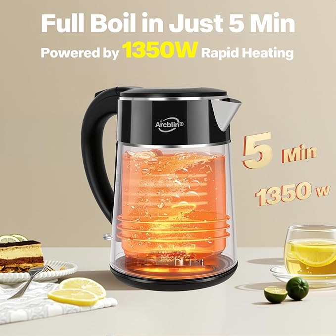 Electric Kettle 1.8L, 1350W Fast Boiling Tea Kettle and Hot Water Boiler, Double Wall Cool Touch Design with 100% Stainless Steel Interior, Auto Shut-Off & Boil-Dry Protection, Black and Gold