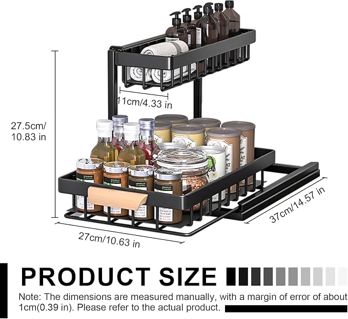2-Tier Sliding Under Sink Organizer, L-shape Pull Out Cabinet Organizers, Multi-purpose Sink Storage Shelves, Metal Mesh Drawer Organizer for Bathroom Kitchen (Black, Pull-Down Style)