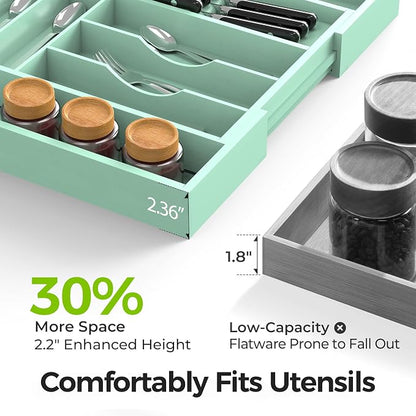 Bamboo Kitchen Drawer Organizer, Expandable Silverware Organizer with Removable Knife Block, 6-8 Slots- Utensil Holder & Cutlery Tray Drawer Dividers, 2.36" Deep for Extra Capacity, Cyan