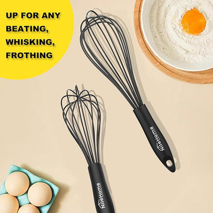 NileHome Silicone Whisk Set 8" 10" Kitchen Whisk Kitchen Wisk Wire Whisks for Cooking, Whisking, Blending, Beating, Stirring-Black