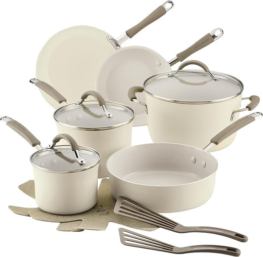 Rachael Ray Cucina Ceramic Nonstick Cookware Pots and Pans Set, 13-Piece, Almond