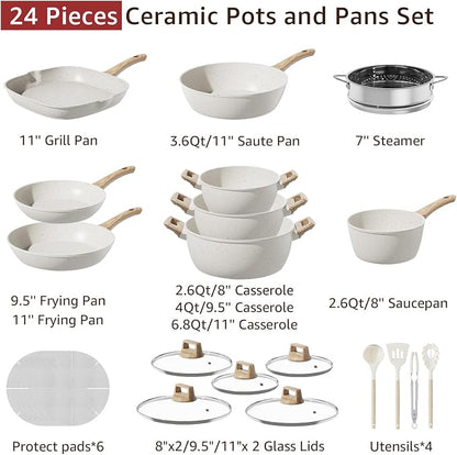 24Pcs Pots and Pans Set Non Stick,Ceramic Cookware Set with Titanium-Reinforced Nonstick Coating,Long-Lasting,PFAS-Free,Induction Compatible,Full Kitchen Set with 3 Stock Pots for Family Cooking
