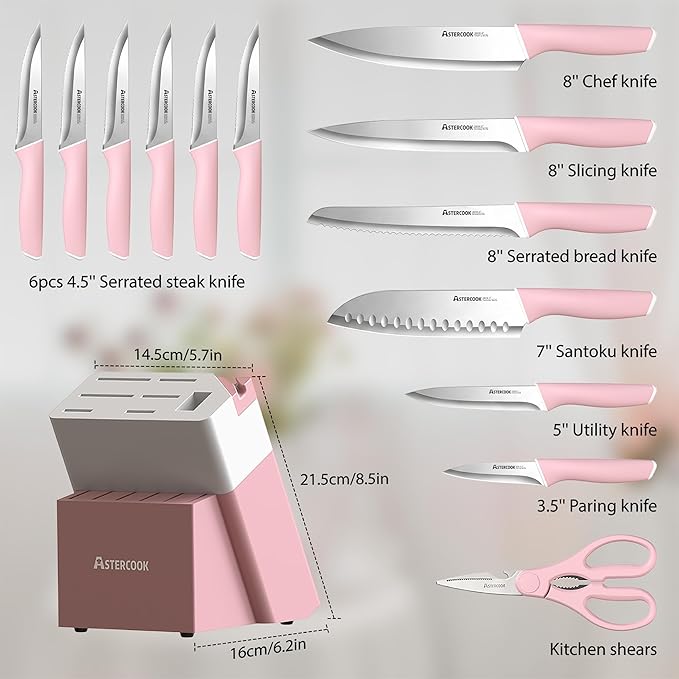 Astercook Knife Set, Kitchen Knives Set with Block and Sharpener 15 Pcs German Stainless Steel Knives Sharp Blade Dishwasher Safe Deba Knives with Ergonomic Handle, Crystal Pink