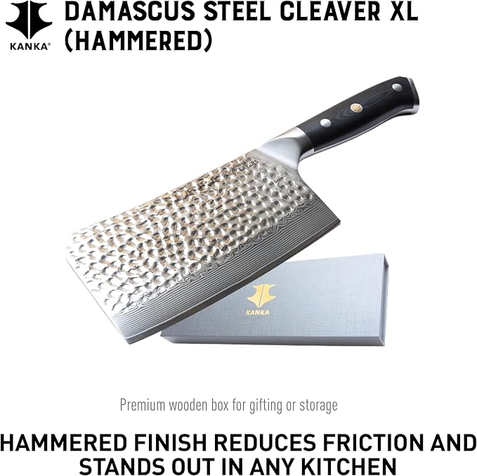 KANKA Grill 7" Damascus Steel Meat Cleaver Knife - Heavy Duty Butcher, Chopper, Razor Sharp, 67 Layers, G10 Black Fiberglass Handle, High Carbon Blade for Meat, Vegetables & Bone Cutting
