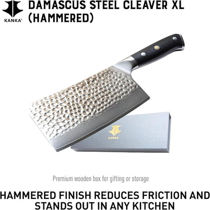 KANKA Grill 7" Damascus Steel Meat Cleaver Knife - Heavy Duty Butcher, Chopper, Razor Sharp, 67 Layers, G10 Black Fiberglass Handle, High Carbon Blade for Meat, Vegetables & Bone Cutting