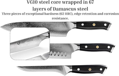 Set of 3 Premium Japanese Damascus Chef Knives – VG10 Steel Core, 67-Layer Razor-Sharp Blades, Full Tang Design with Ergonomic Handles, Presented in a Luxury Natural Wood Gift Box