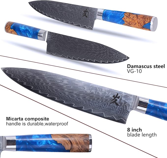 SAMCOOK Damascus Chef Knife - 8 Inch Professional Sharp Gyuto Knife - Japanese VG-10 High Carbon Stainless Steel Kitchen Cooking knife - Ergonomic Blue Resin Wood Handle with Gift Box