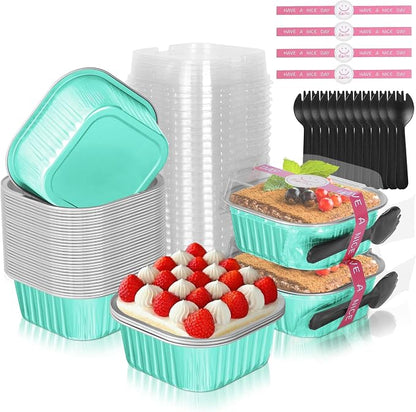 10oz Mini Cake Pans with Lids, 40 Pack Aluminum Foil Brownie Pans,Disposable Ramekins Muffin Tins,Square Baking Pans Cupcake Cups,Individual Dessert Containers Flans for Brownie - Blue