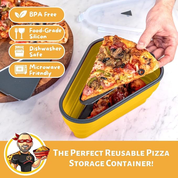 The Perfect Pizza Pack™ - Reusable Pizza Storage Container with 5 Microwavable Serving Trays - BPA-Free Adjustable Pizza Slice Container to Organize & Save Space, Yellow