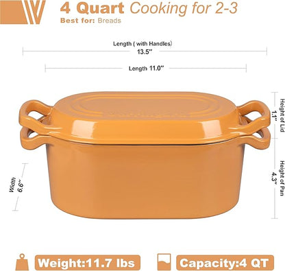 VORRINGARD Oval Dutch Oven Pot with Lid, Enamel Coating Cast Iron Bread Pans for Homemade Sourdough Bread Baking, Cooking, 4 Quart, Yellow