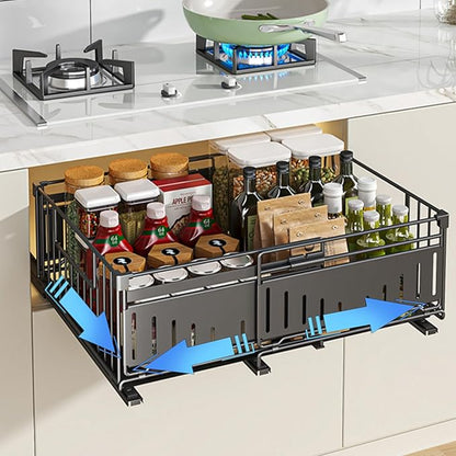 Expandable Pull Out Cabinet Organiser, No Drill Adhesive Slide Out Kitchen Drawer Shelf Durable Metal for Under Sink, Cupboard, Pantry, Adjustable Width (12.8"-19.7") (Style A Black, 1 Pack)