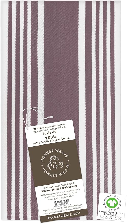 HONEST WEAVE GOTS Certified Organic Cotton Kitchen Hand and Dish Towel Sets - Oversized 20x30 inches, Fully Hemmed, in Designer Colors, 6-Pack, Plum Stripe