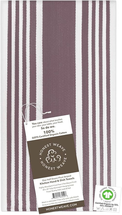 HONEST WEAVE GOTS Certified Organic Cotton Kitchen Hand and Dish Towel Sets - Oversized 20x30 inches, Fully Hemmed, in Designer Colors, 6-Pack, Plum Stripe