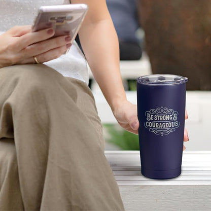 Christian Art Gifts Large Insulated Stainless Steel Travel Mug Tumbler for Men & Women: Strong & Courageous Uplifting Scripture, Double Wall Vacuum Sealed, Retractable Lid, Navy Blue & Silver, 18 oz.